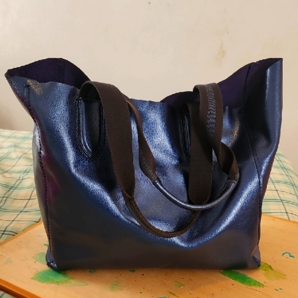 Extra Large Coach Leather Tote Bag, Metallic Blue